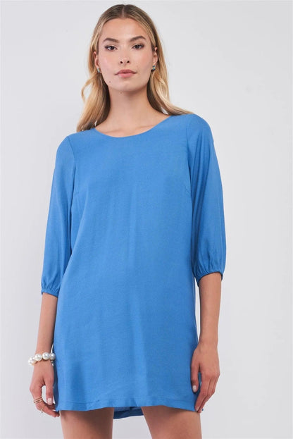 Azure Blue Balloon Sleeve Bow Back Detail Straight-Cut Loose Mini Dress /3-3