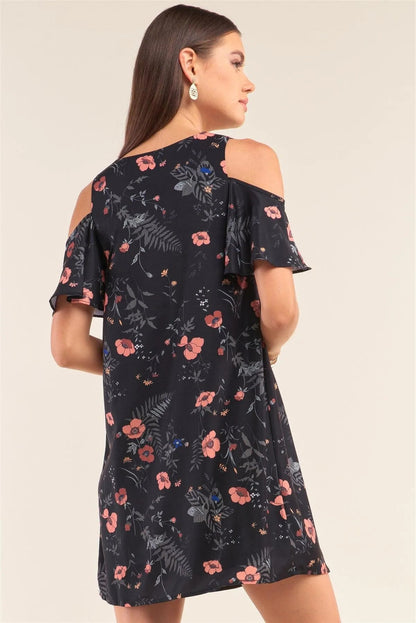 Black Floral Print Cut-Out Shoulder Mini Dress
