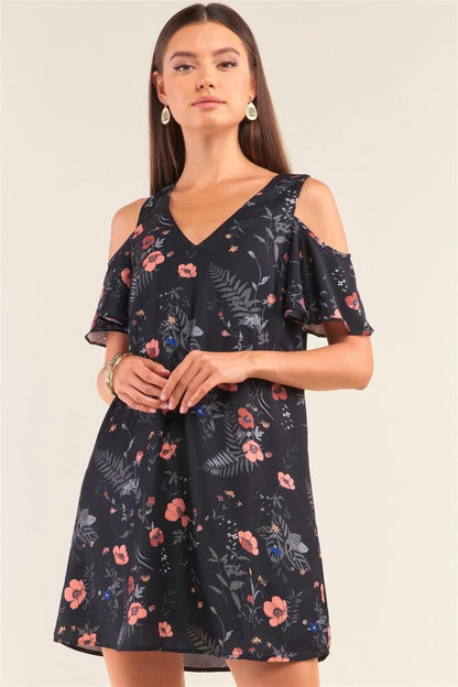 Black Floral Print Cut-Out Shoulder Mini Dress