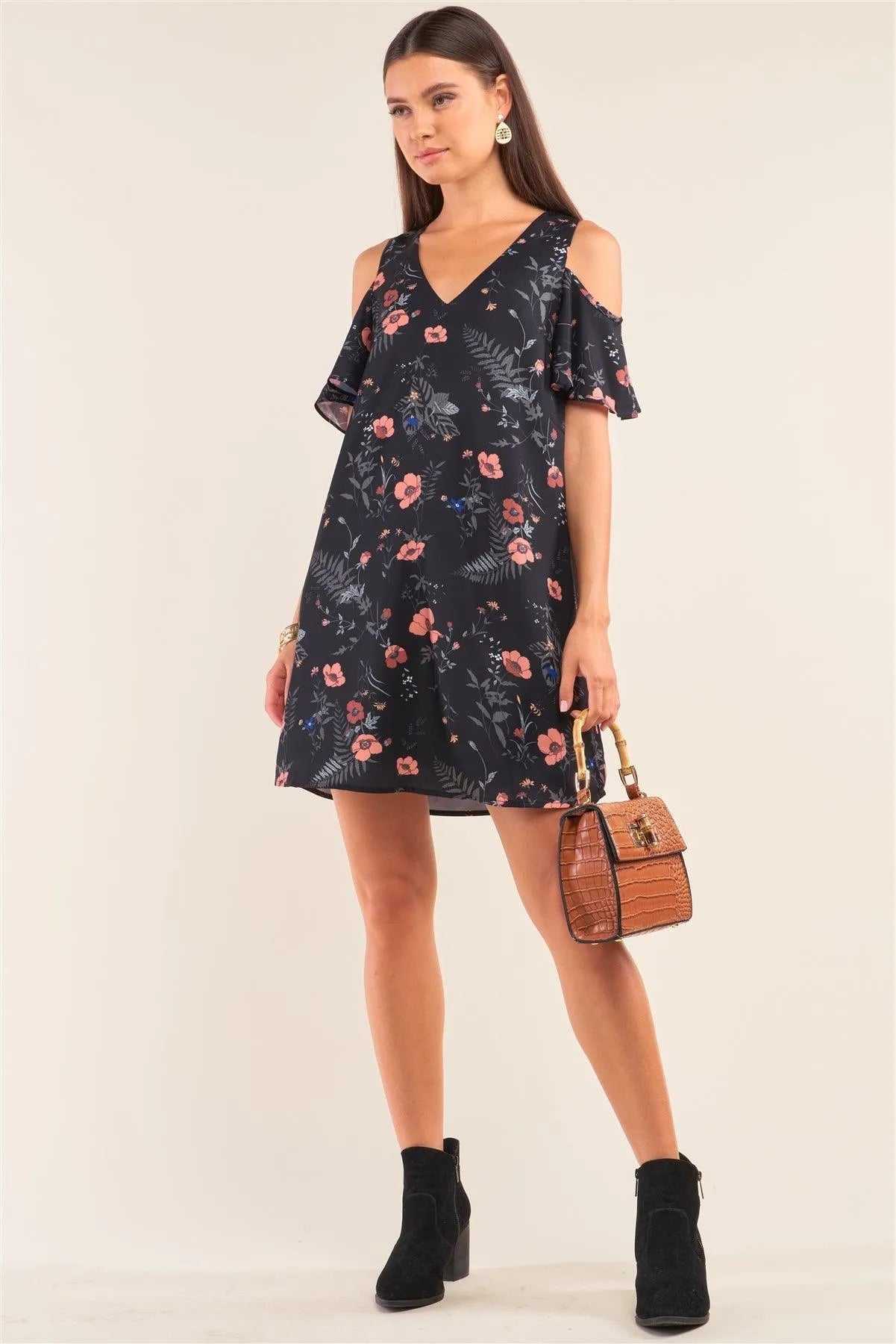 Black Floral Print Cut-Out Shoulder Mini Dress