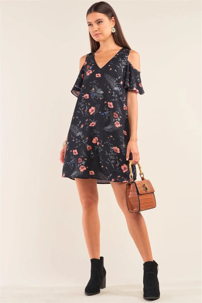 Black Floral Print Cut-Out Shoulder Mini Dress
