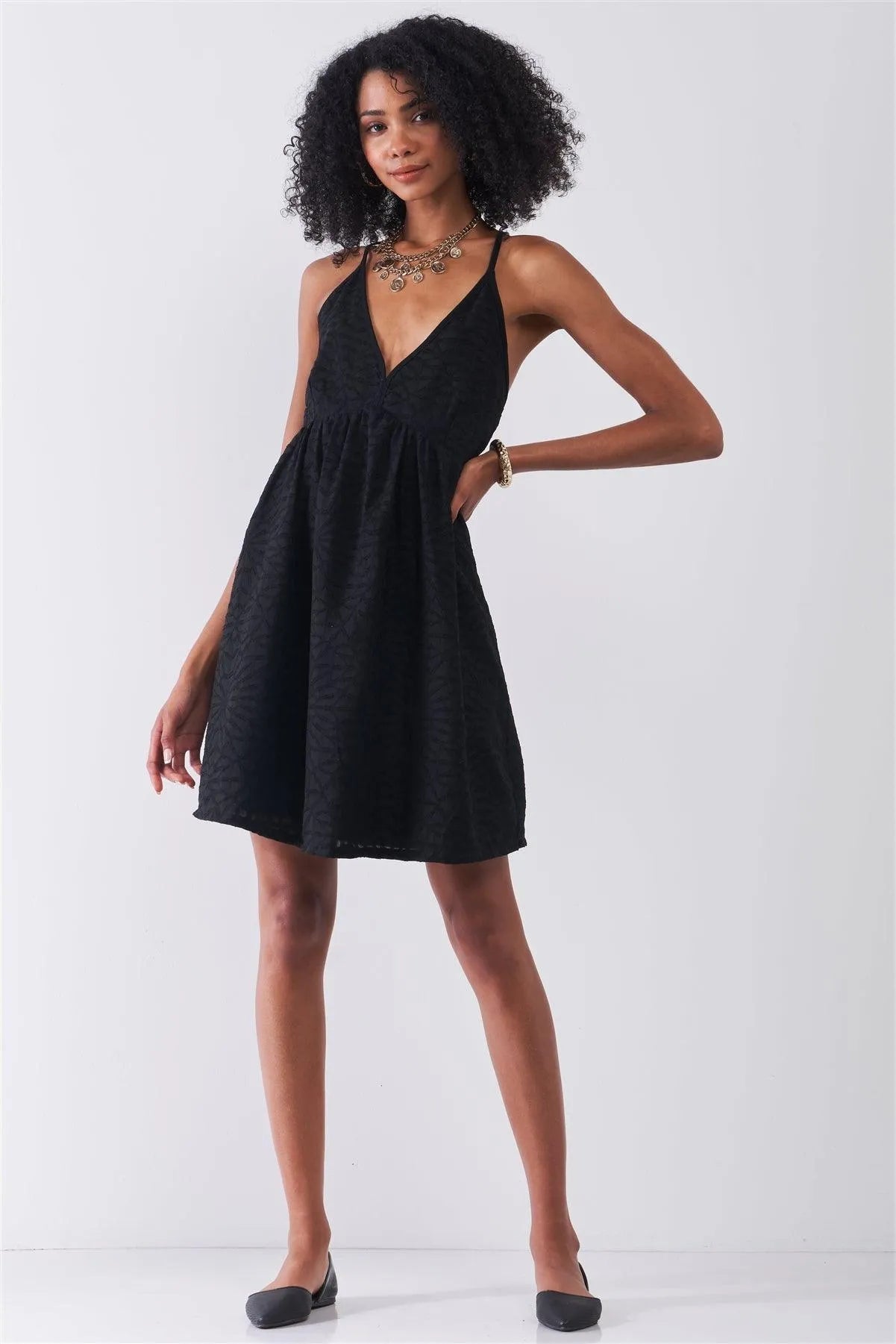 Black Geometric Embroidery V-Neck Sleeveless Criss-Cross Back Mini Dress /1-1-2