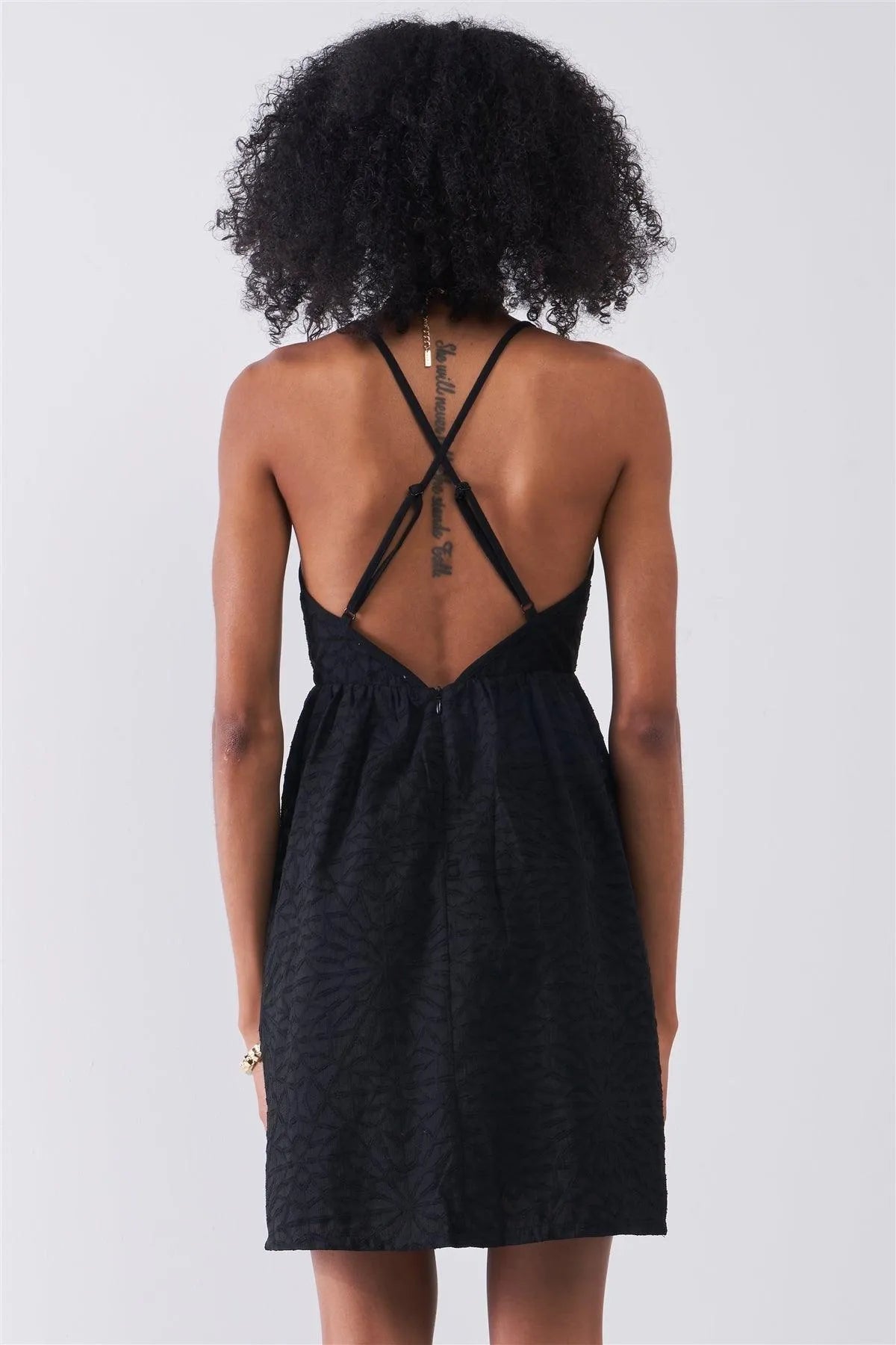 Black Geometric Embroidery V-Neck Sleeveless Criss-Cross Back Mini Dress /1-1-2