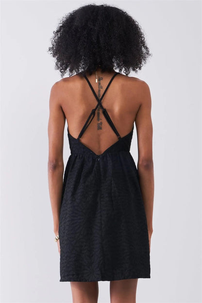Black Geometric Embroidery V-Neck Sleeveless Criss-Cross Back Mini Dress /1-1-2
