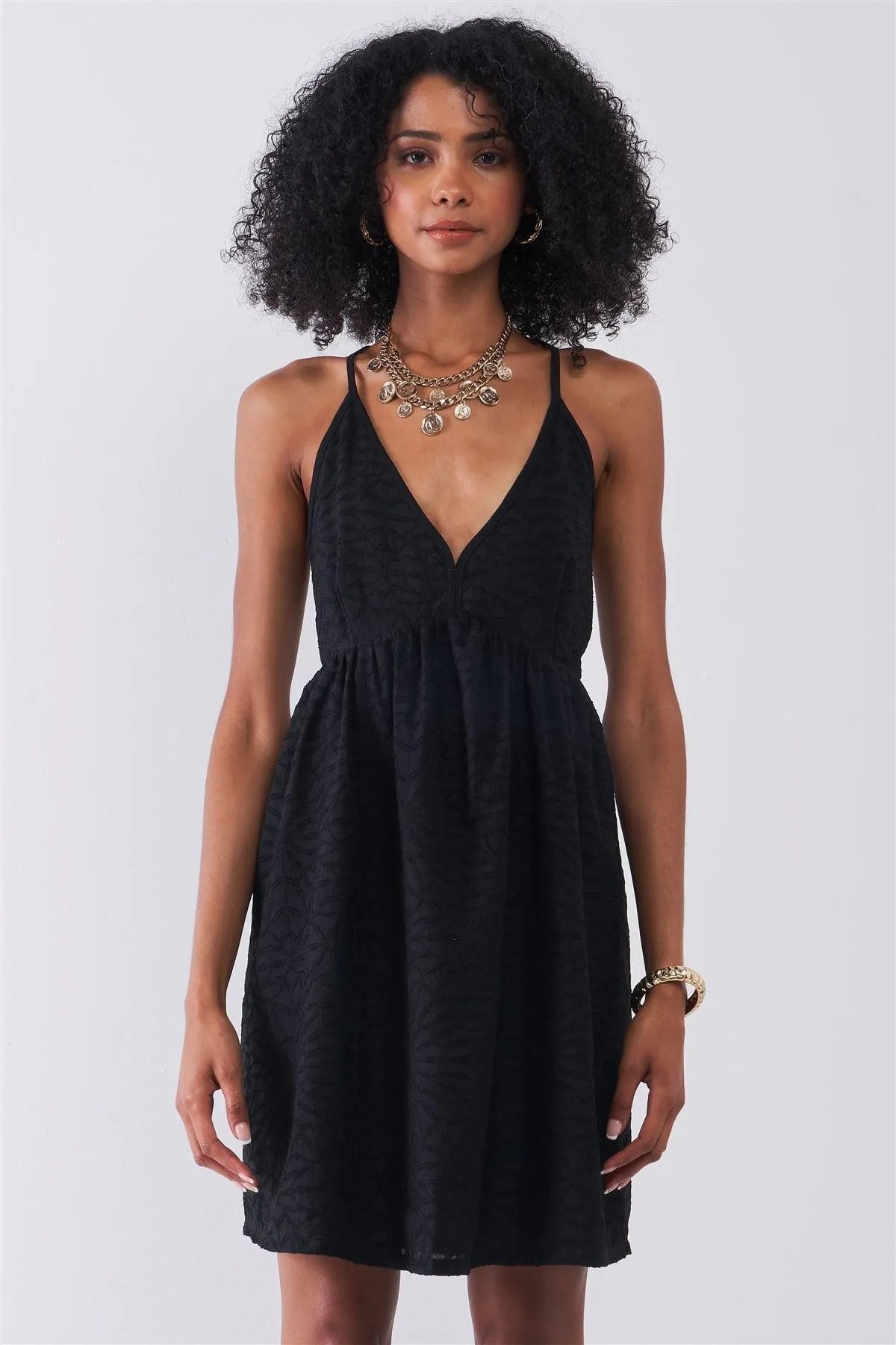 Black Geometric Embroidery V-Neck Sleeveless Criss-Cross Back Mini Dress /1-1-2