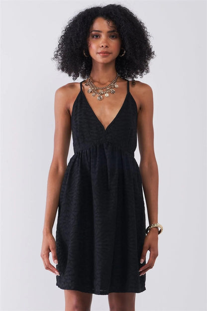 Black Geometric Embroidery V-Neck Sleeveless Criss-Cross Back Mini Dress /1-1-2