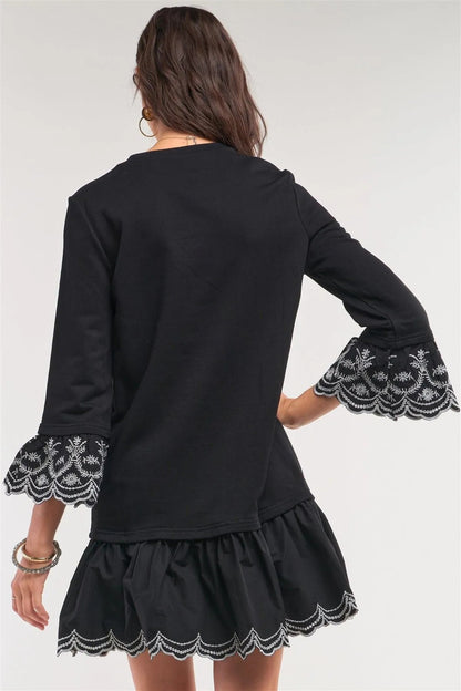 Black Crochet Embroidery Drop Waist Scallop Hem Flare Skirt Detail Long Sleeve Mini Sweater Dress /1-2-2