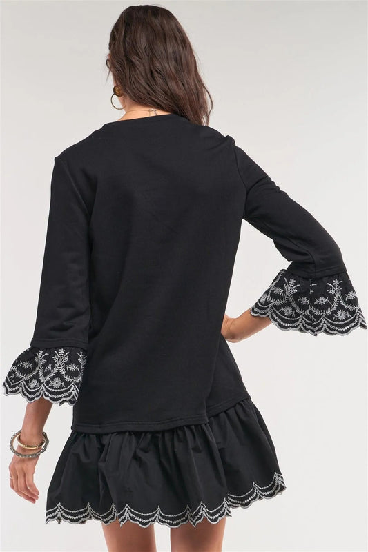Black Crochet Embroidery Drop Waist Scallop Hem Flare Skirt Detail Long Sleeve Mini Sweater Dress /1-2-2