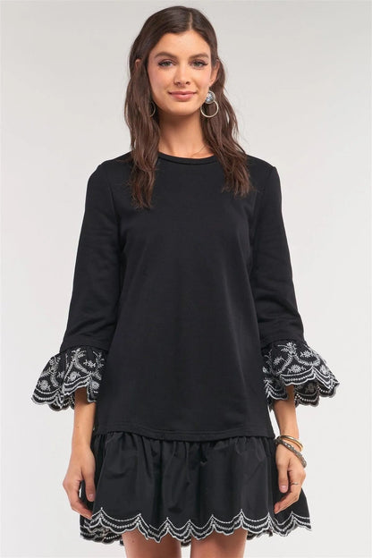 Black Crochet Embroidery Drop Waist Scallop Hem Flare Skirt Detail Long Sleeve Mini Sweater Dress /1-2-2