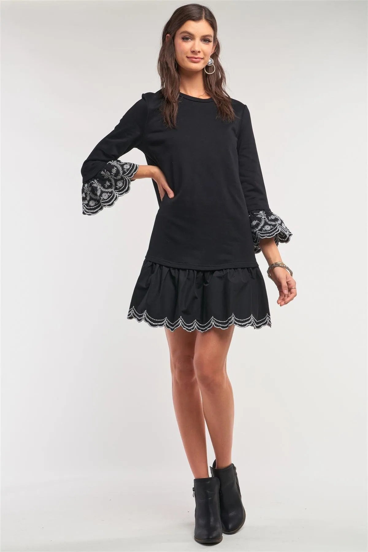 Black Crochet Embroidery Drop Waist Scallop Hem Flare Skirt Detail Long Sleeve Mini Sweater Dress /1-2-2-1