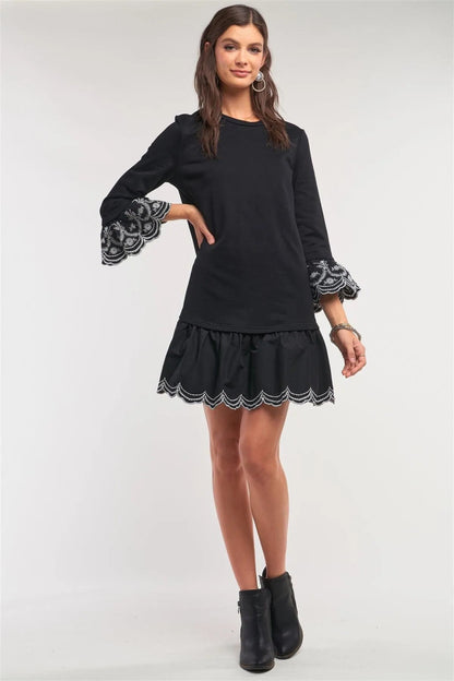 Black Crochet Embroidery Drop Waist Scallop Hem Flare Skirt Detail Long Sleeve Mini Sweater Dress /1-2-2-1
