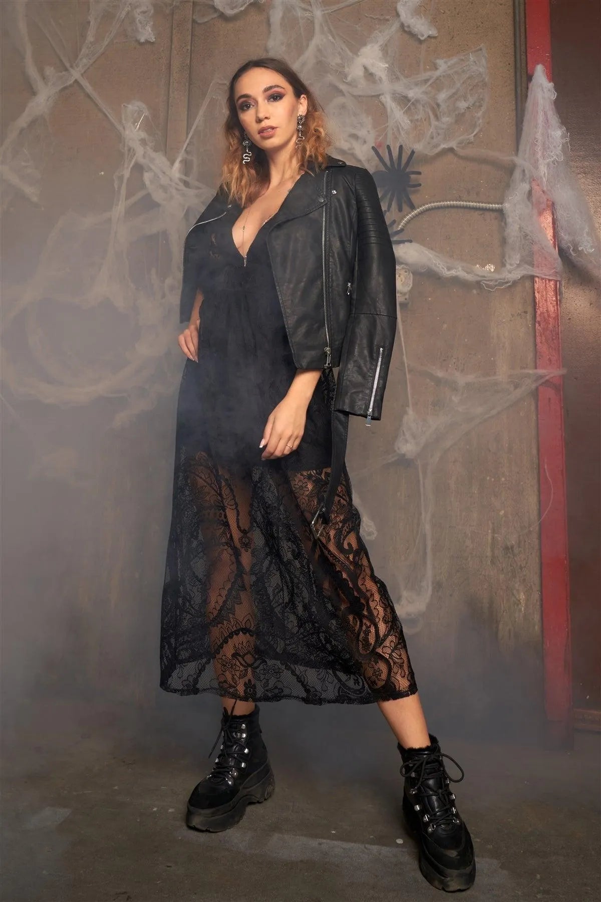 Black Floral Lace Sheer Tie Back Long Dress /3-2-1