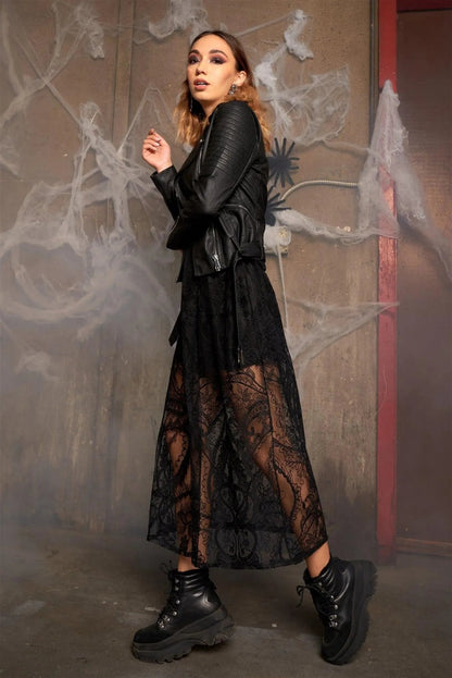 Black Floral Lace Sheer Tie Back Long Dress /3-2-1