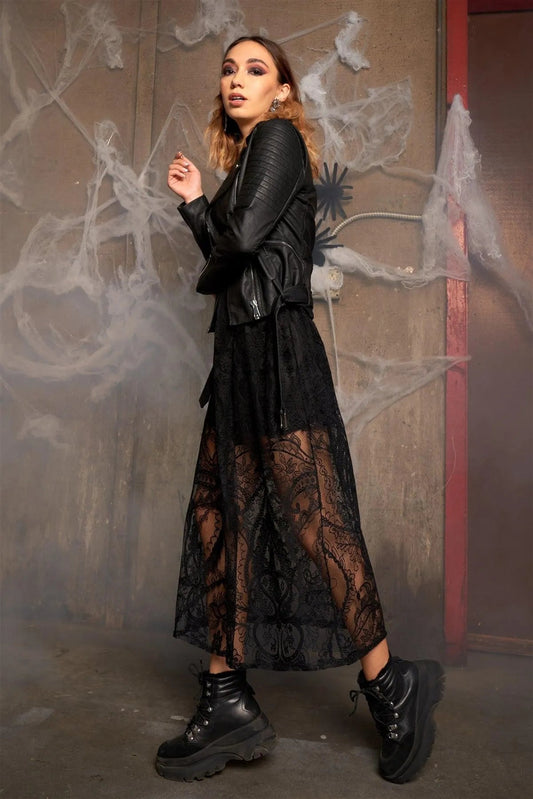 Black Floral Lace Sheer Tie Back Long Dress /3-2-1
