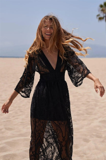 Black Floral Lace Sheer Tie Back Long Dress /3-2-1