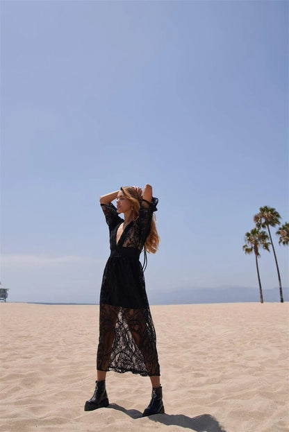 Black Floral Lace Sheer Tie Back Long Dress /3-2-1