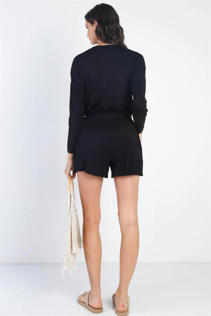 Black Button Up Neck Detail Long Sleeve Romper /1-1-1