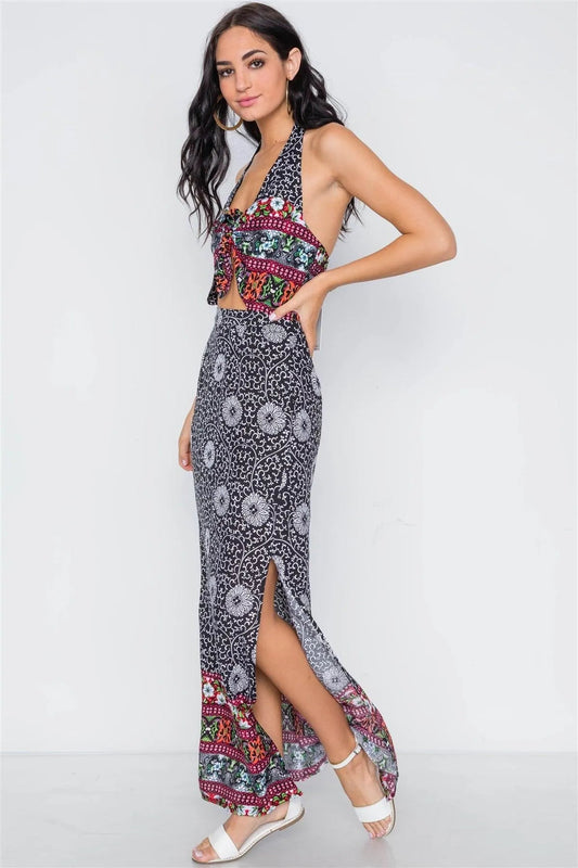 Black Floral Paisley Print Site Slit Maxi Dress