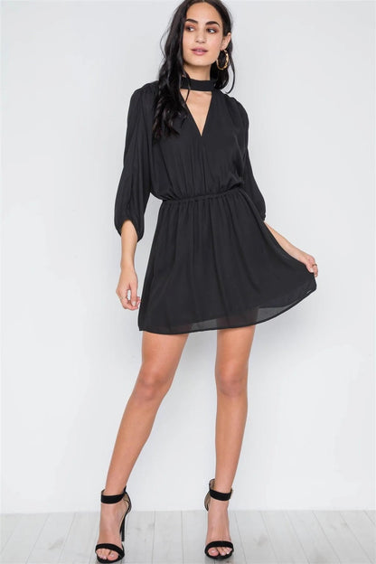 Black Batwing Sleeves Solid Mock-Neck Mini Dress /3-3-1