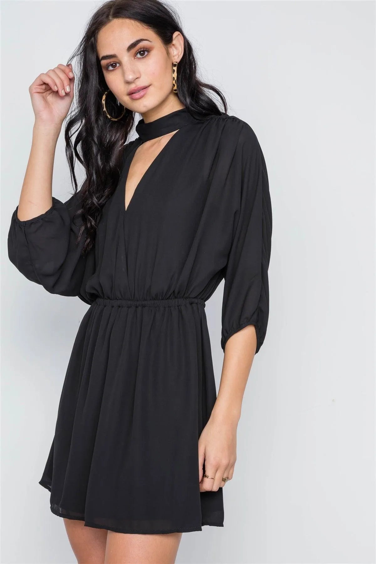 Black Batwing Sleeves Solid Mock-Neck Mini Dress /3-3-1