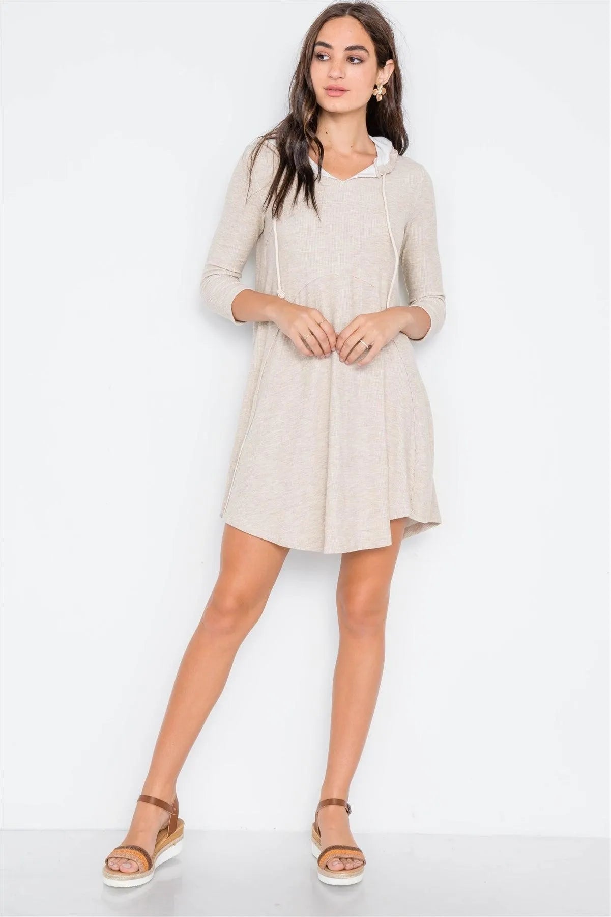 Beige 3/4 Sleeve Knit Hooded Mini Dress