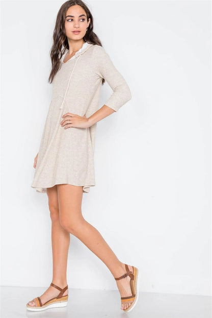 Beige 3/4 Sleeve Knit Hooded Mini Dress