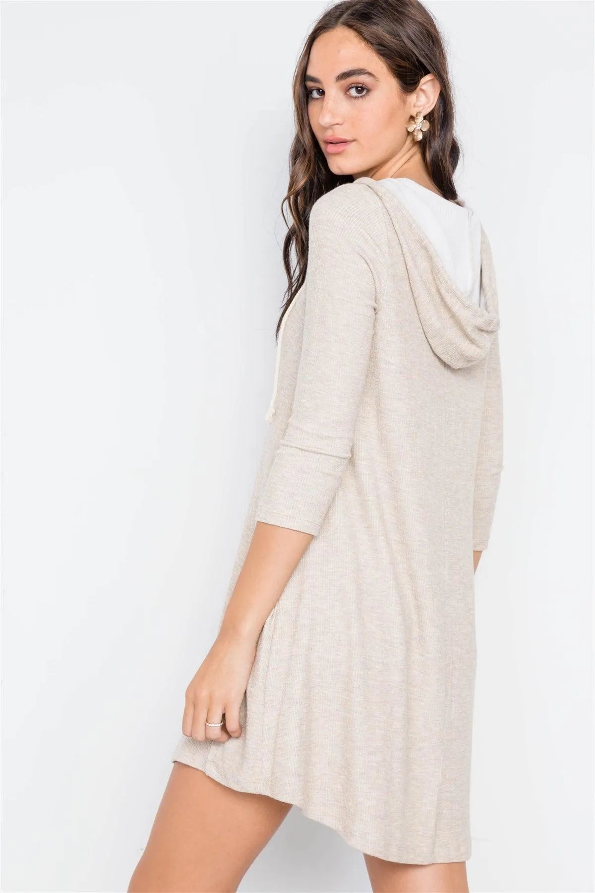 Beige 3/4 Sleeve Knit Hooded Mini Dress