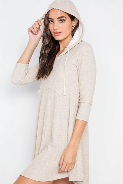 Beige 3/4 Sleeve Knit Hooded Mini Dress
