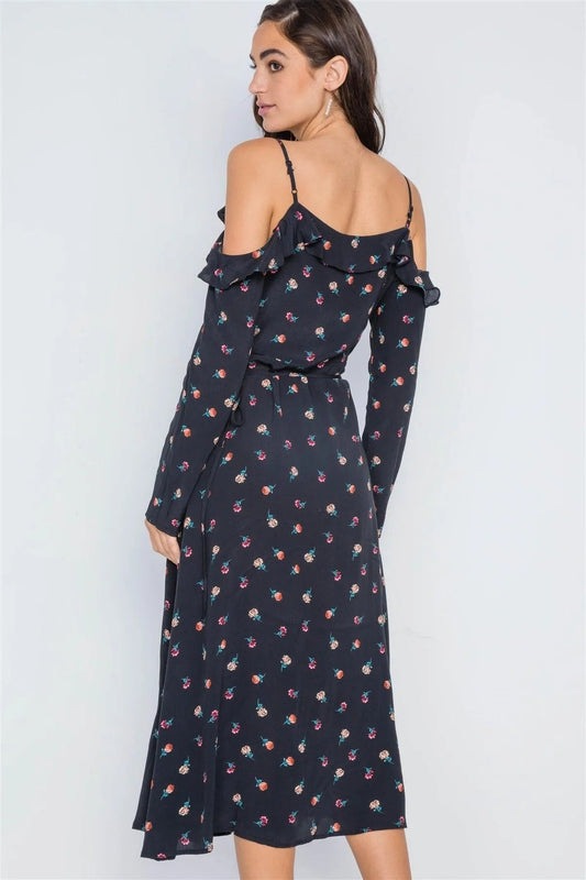 Black Floral Cold Shoulder Mid Wrap Dress /2-2-2
