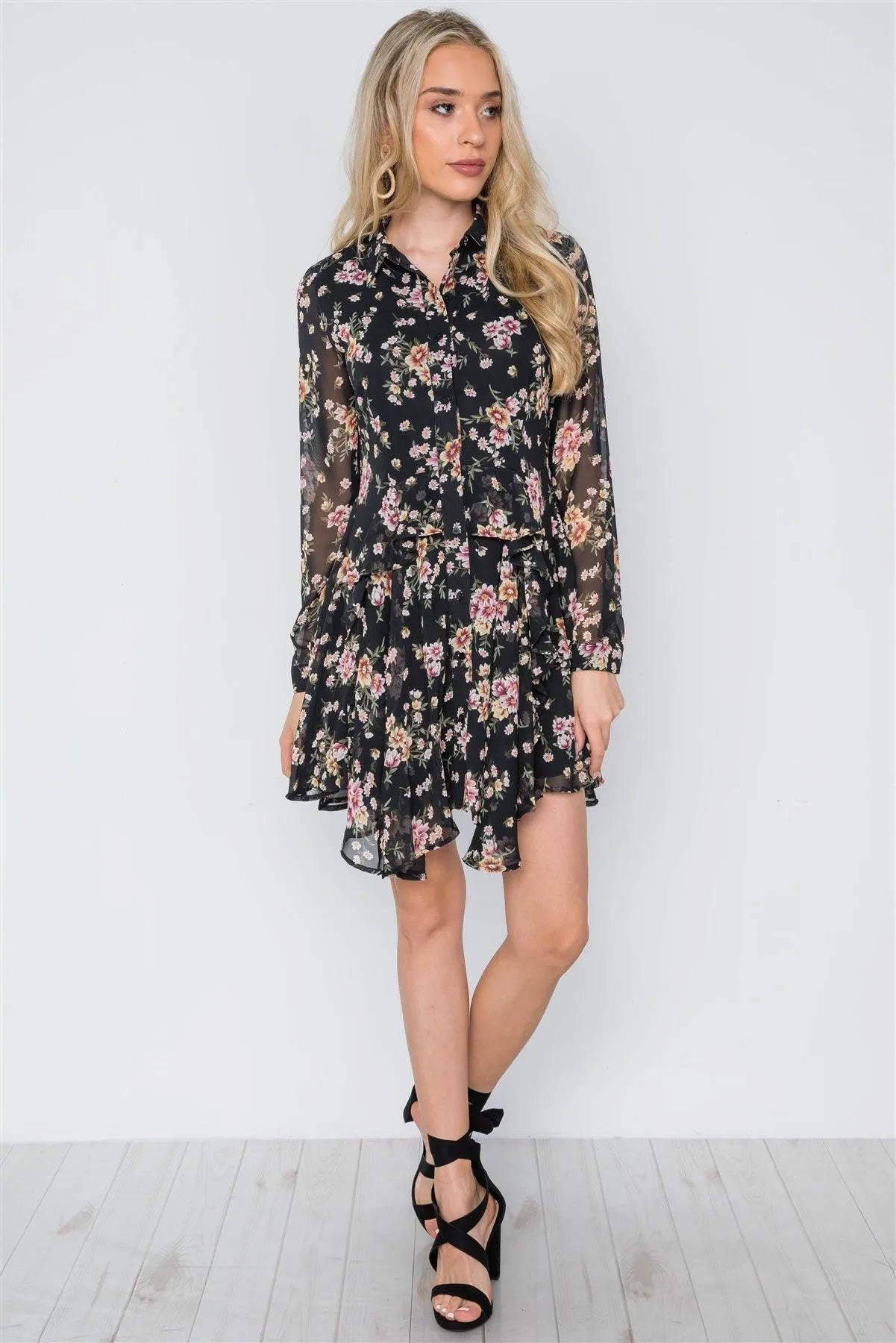 Black Floral Print Long Sleeve Chiffon Flounce Dress / 1-2-2-1