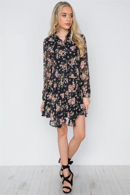 Black Floral Print Long Sleeve Chiffon Flounce Dress / 1-2-2-1
