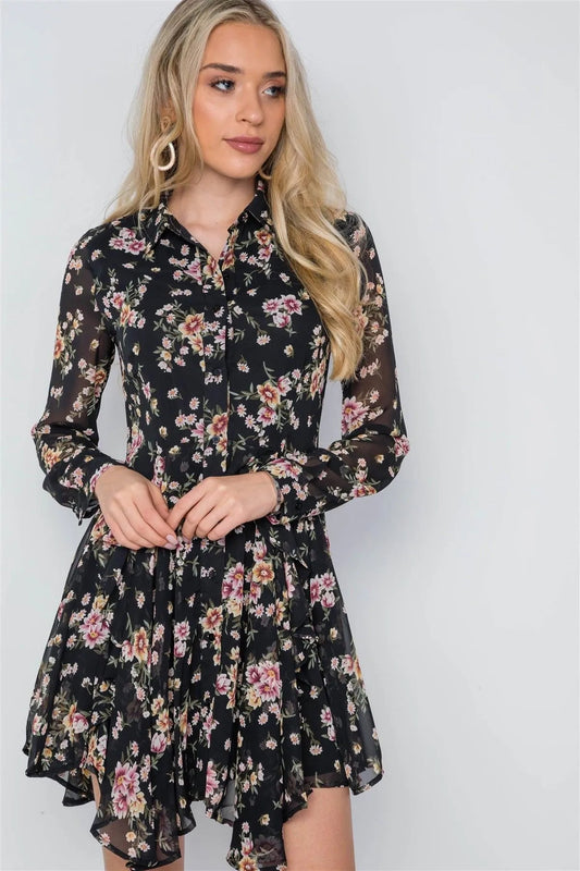 Black Floral Print Long Sleeve Chiffon Flounce Dress / 1-2-2-1