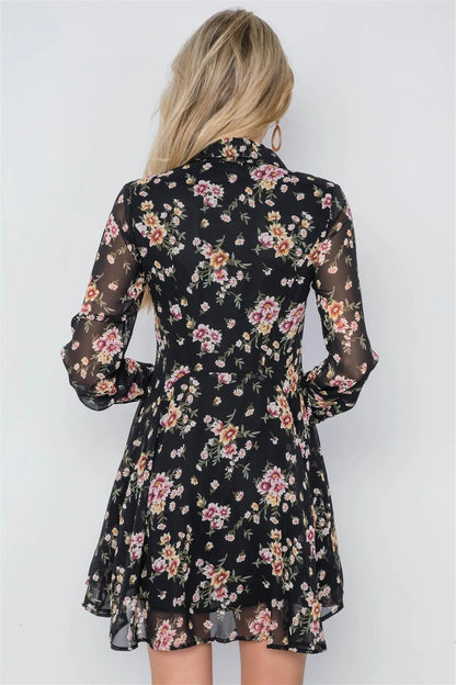 Black Floral Print Long Sleeve Chiffon Flounce Dress / 1-2-2-1