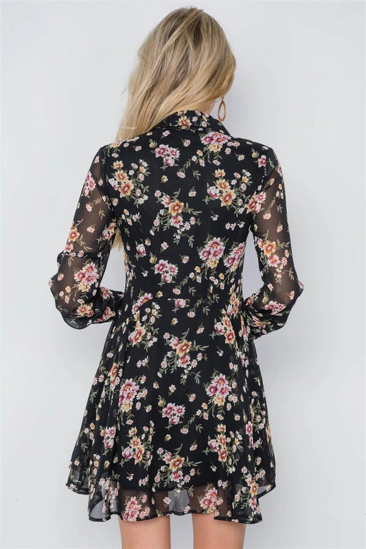 Black Floral Print Long Sleeve Chiffon Flounce Dress /1-4-3