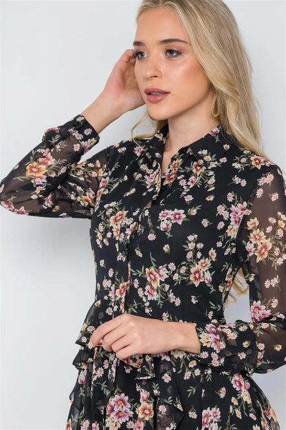 Black Floral Print Long Sleeve Chiffon Flounce Dress /1-4-3
