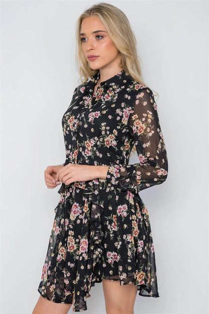 Black Floral Print Long Sleeve Chiffon Flounce Dress /1-4-3