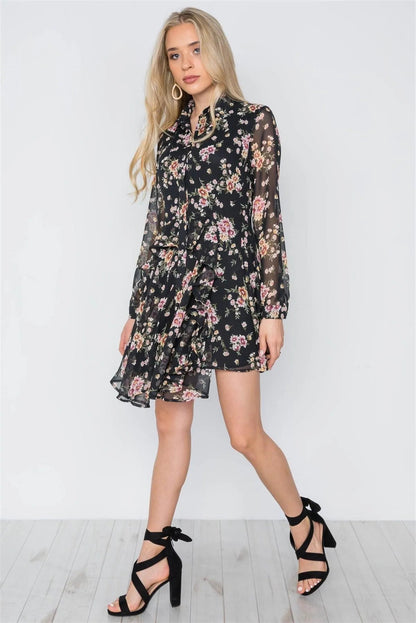 Black Floral Print Long Sleeve Chiffon Flounce Dress /1-4-3