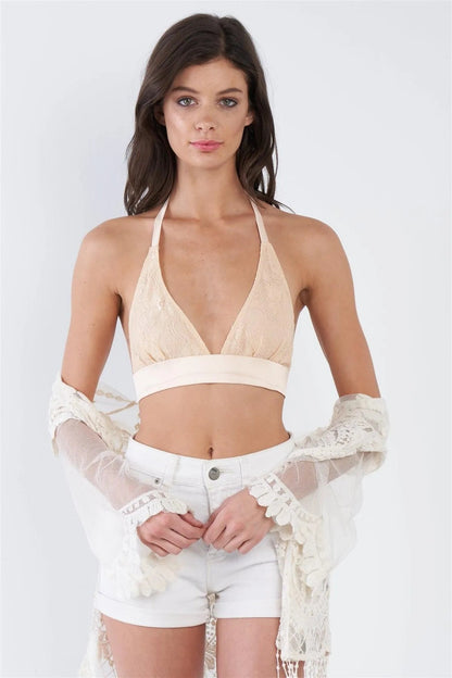 Beige Nude Floral Lace Back Neck Tie Bralette  /2-2-1