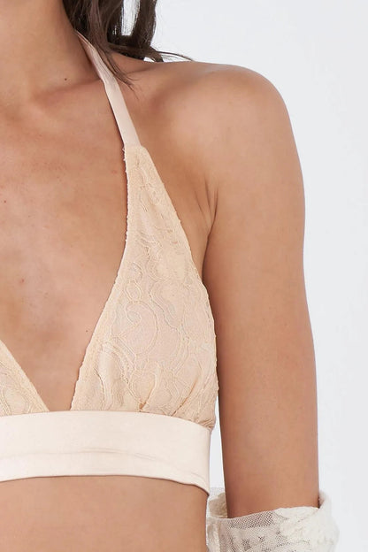 Beige Nude Floral Lace Back Neck Tie Bralette  /2-2-1