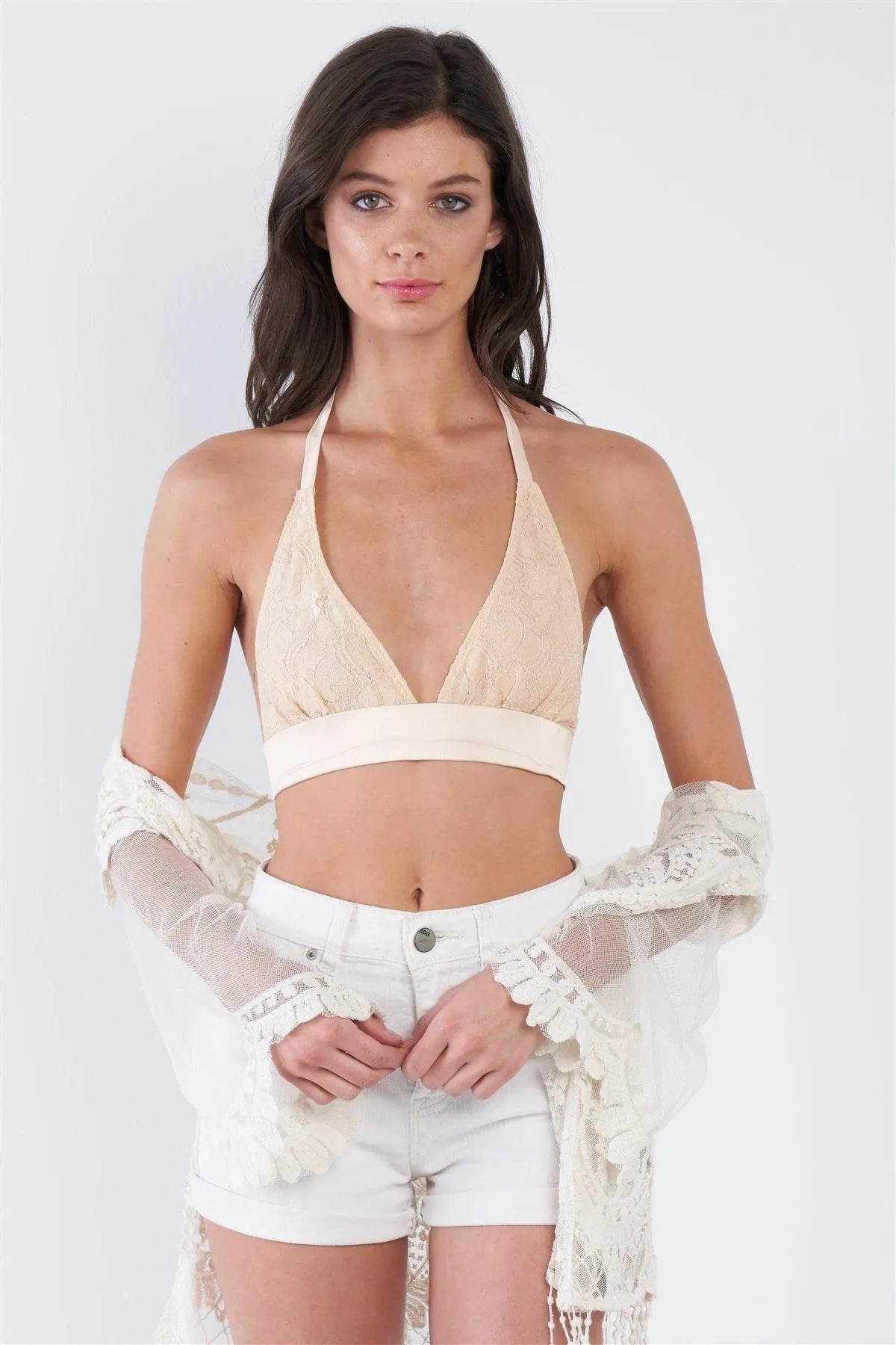 Beige Nude Floral Lace Back Neck Tie Bralette  /3-2-1