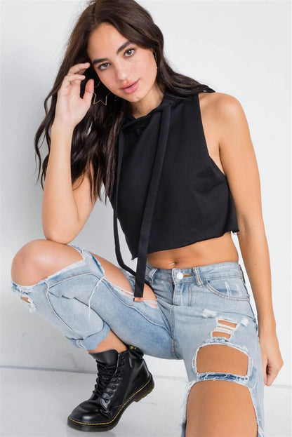 Black Athletic Chic Hoodie Vintage Cotton Crop Top /3-2-1
