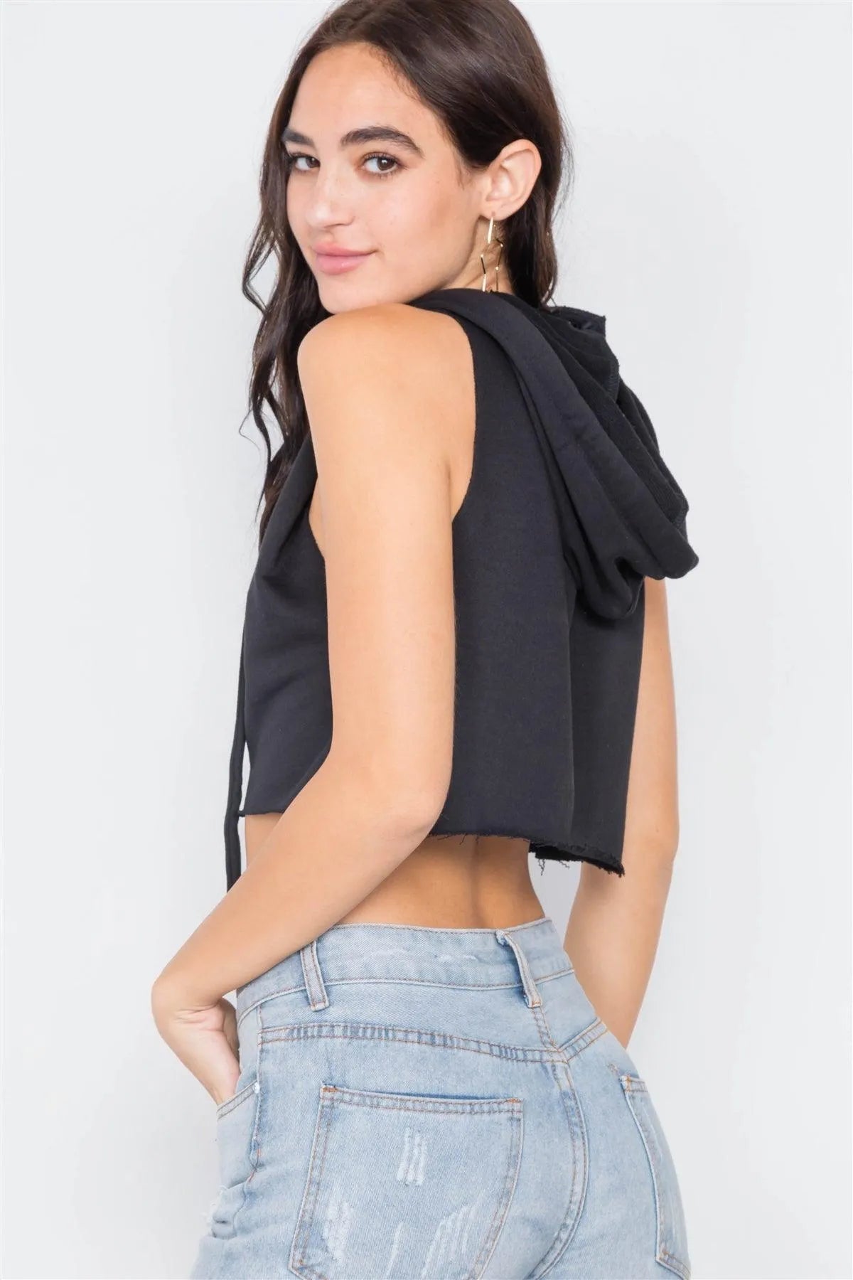 Black Athletic Chic Hoodie Vintage Cotton Crop Top /3-2-1
