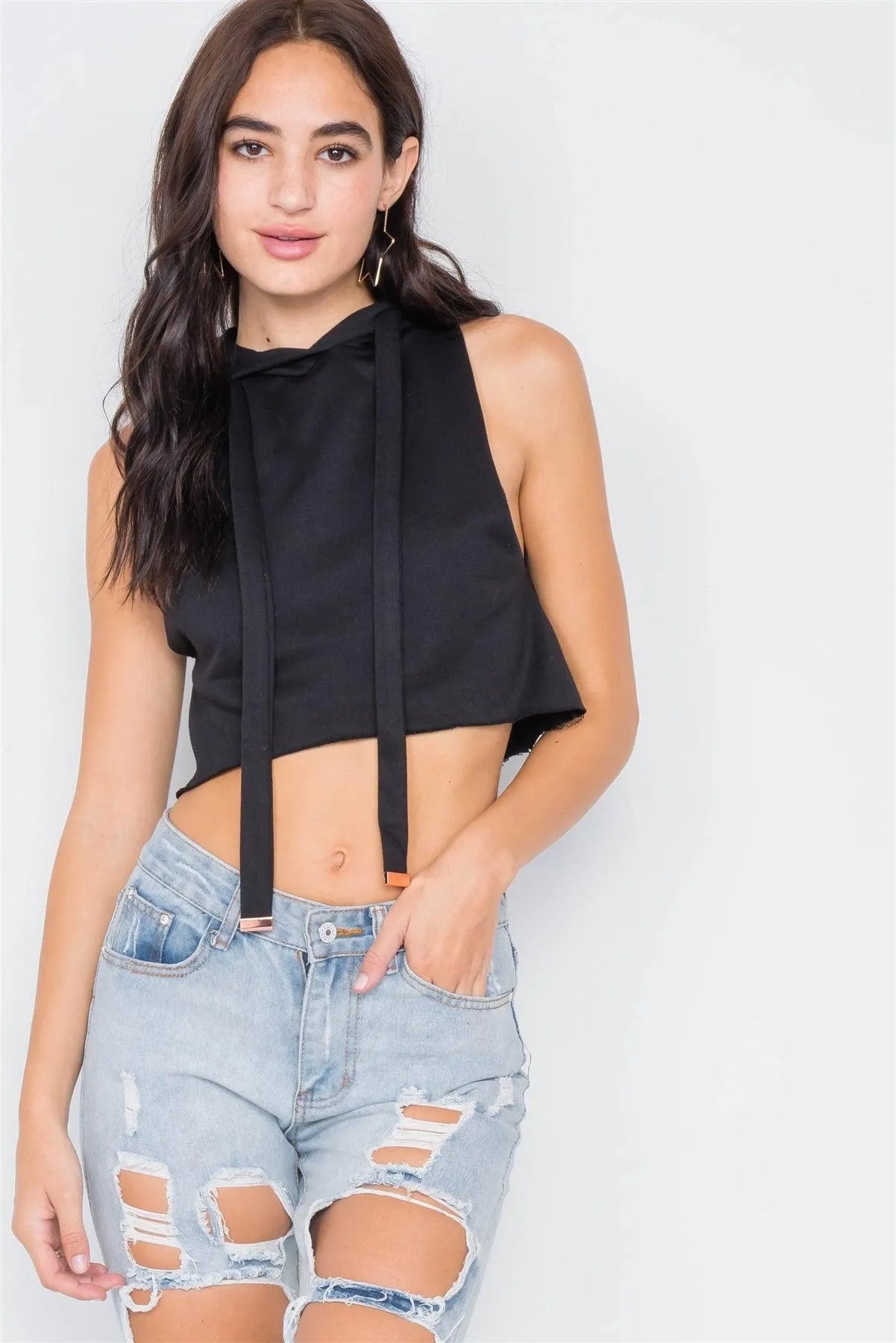 Black Athletic Chic Hoodie Vintage Cotton Crop Top /3-2-1