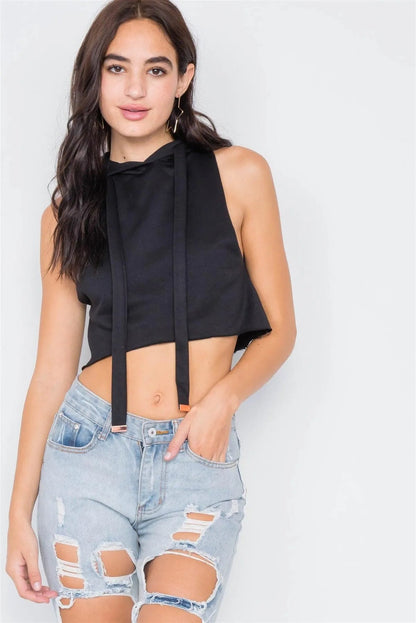 Black Athletic Chic Hoodie Vintage Cotton Crop Top /3-2-1