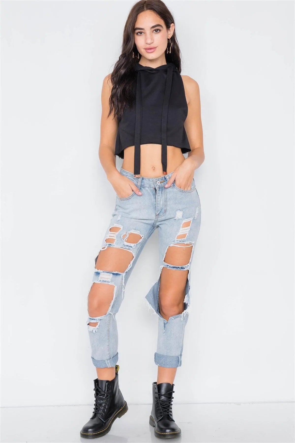 Black Athletic Chic Hoodie Vintage Cotton Crop Top /3-2-1