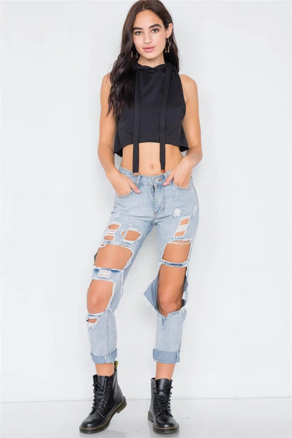 Black Athletic Chic Hoodie Vintage Cotton Crop Top /3-2-1