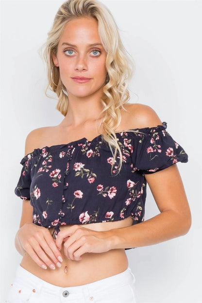Black Boho Floral Off-The-Shoulder Flounce Trim Crop Top /3-2-1