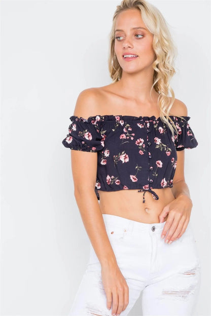 Black Boho Floral Off-The-Shoulder Flounce Trim Crop Top /3-2-1