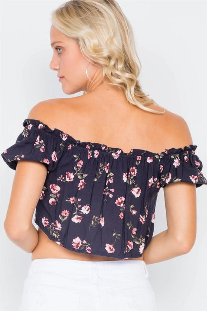 Black Boho Floral Off-The-Shoulder Flounce Trim Crop Top /3-2-1