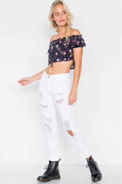 Black Boho Floral Off-The-Shoulder Flounce Trim Crop Top /3-2-1